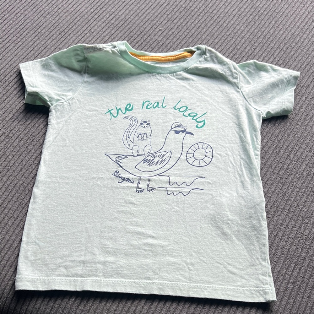Patagonia Light Green Kids Graphic Tee with Seagull & Cat